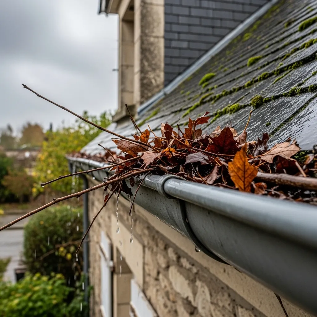 nettoyage gouttière Soissons, gouttières bouchées feuilles, couvreur Compiègne, entretien gouttières Oise, Apexium Couverture, protection gouttières