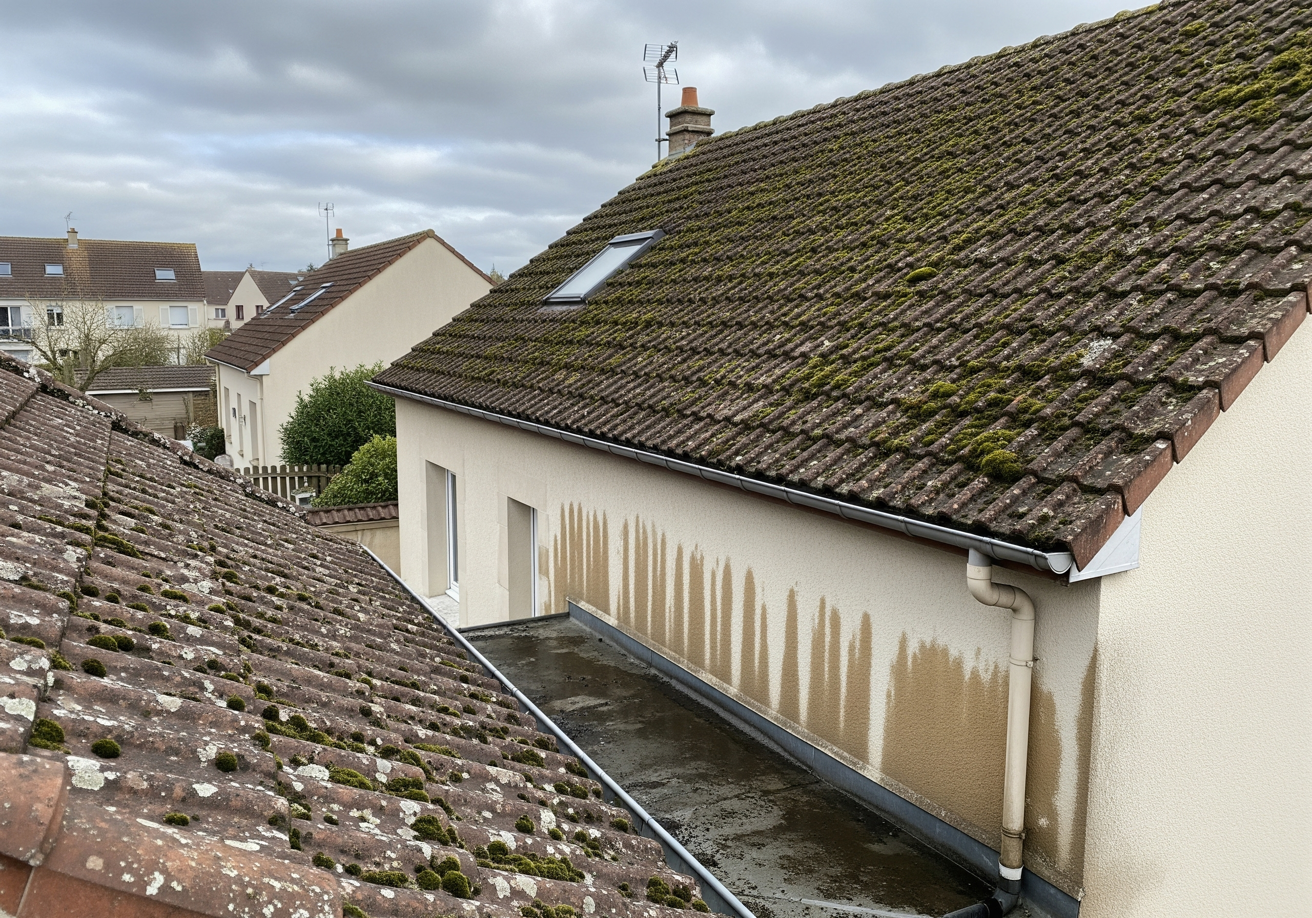 coût réparation toiture mousse, démoussage tardif, couvreur Soissons, dégâts mousse tuiles, Apexium Couverture, devis nettoyage toiture