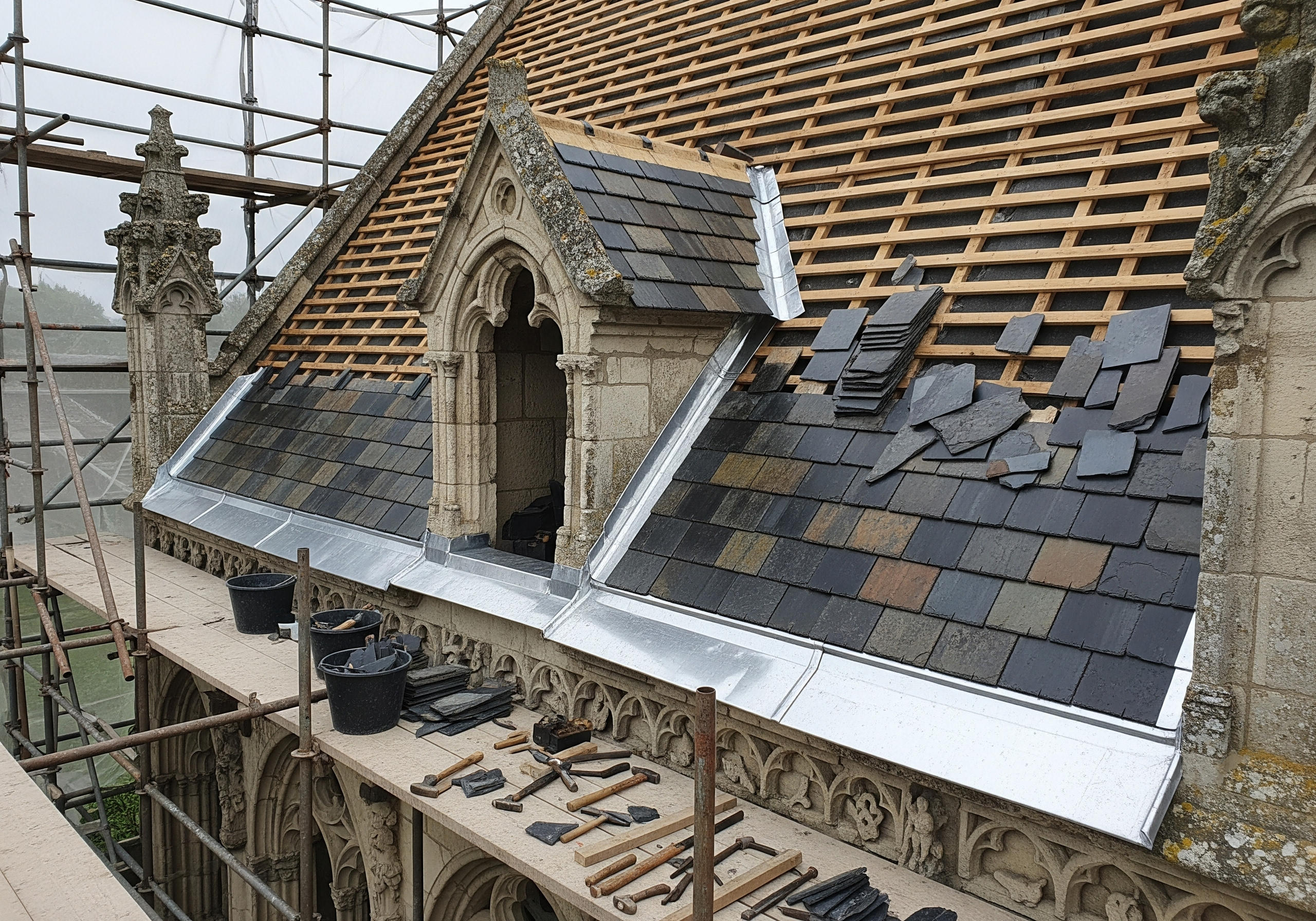 rénovation toiture monument historique, couvreur bâtiment classé Soissons, artisan patrimoine Compiègne, toiture église Aisne, Apexium Couverture, restauration charpente ancienne
